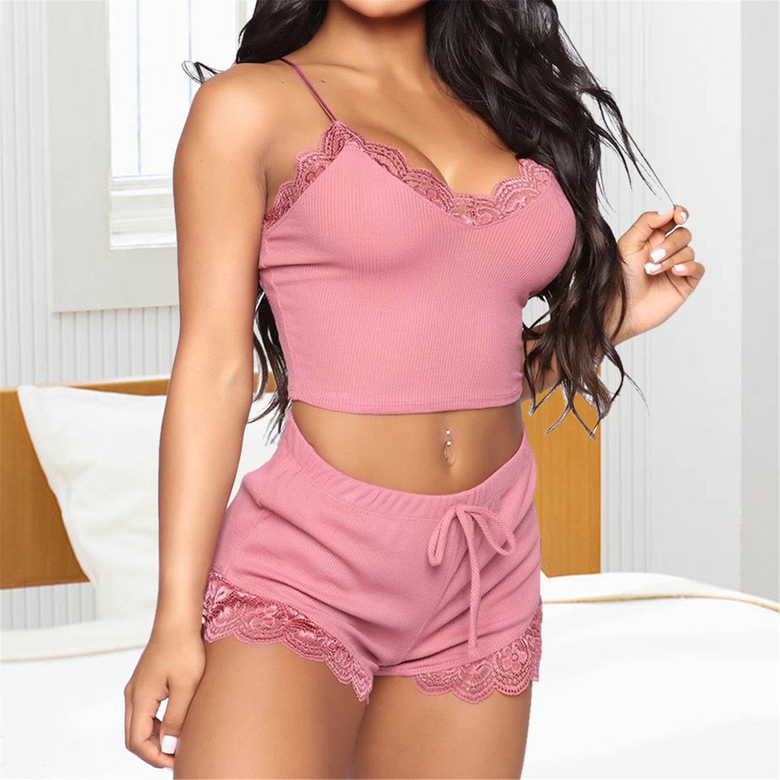 Women Pajama Sets Sexy Lace Sleeveless Soft Pajamas Comfortable V-Neck Sleepwears  Female Nightgown Night Wear Satin Nightdress