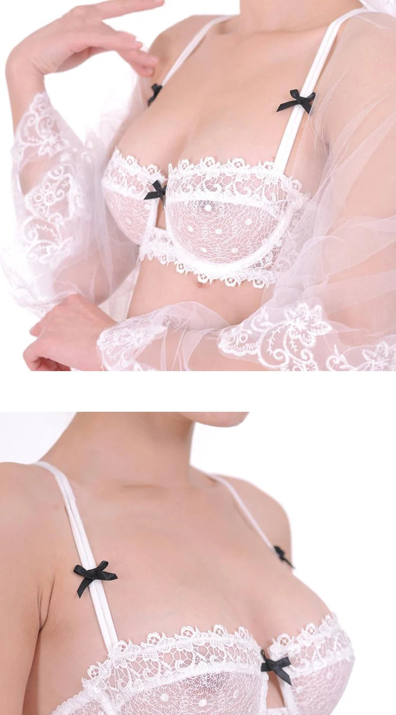 Half Cup Lace Bra Top Female Lingerie Unlined Transparent Bras For Women Sexy Push Up Plus Size Underwear Mesh Brassiere A B C D