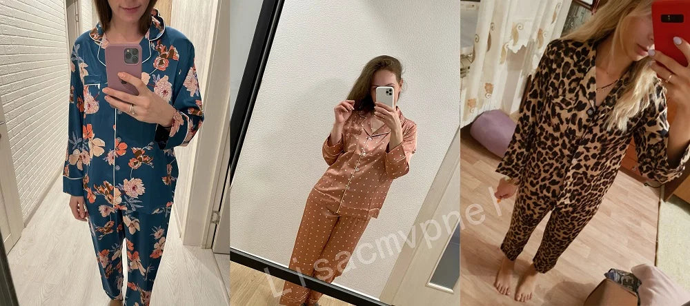 Lisacmvpnel Long Sleeve Pajamas Autumn Ice Silk Long Sleeve Trousers Suit Printing Fashion Pyjamas Set