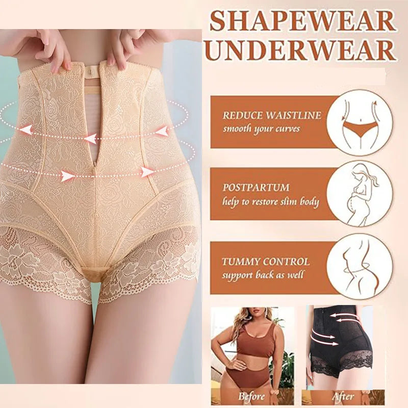 GUUDIA Hook Zipper Closure Lace High Waist Tummy Control Shapewear Panty Invisable Slimming Shaping Women Underwear Shaper Panty