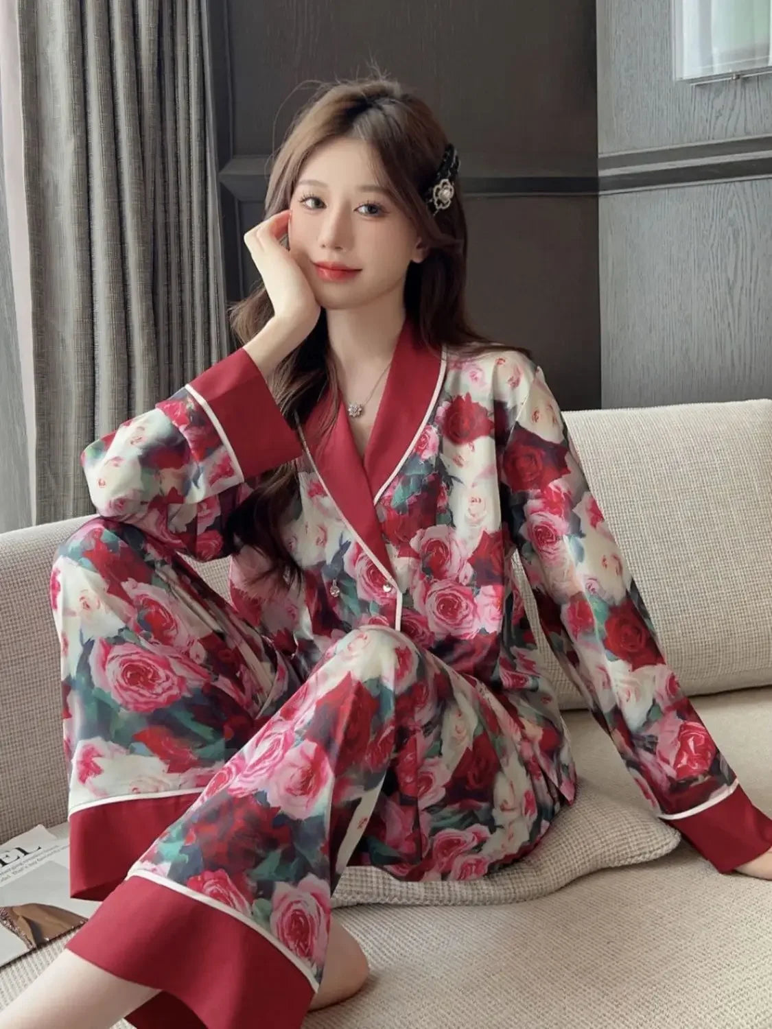 Large Size Rose New Pajamas Women Ice Silk Long Sleeve Spring Autumn Temperament Can Be Worn Outside The Home Suit Set Lounge