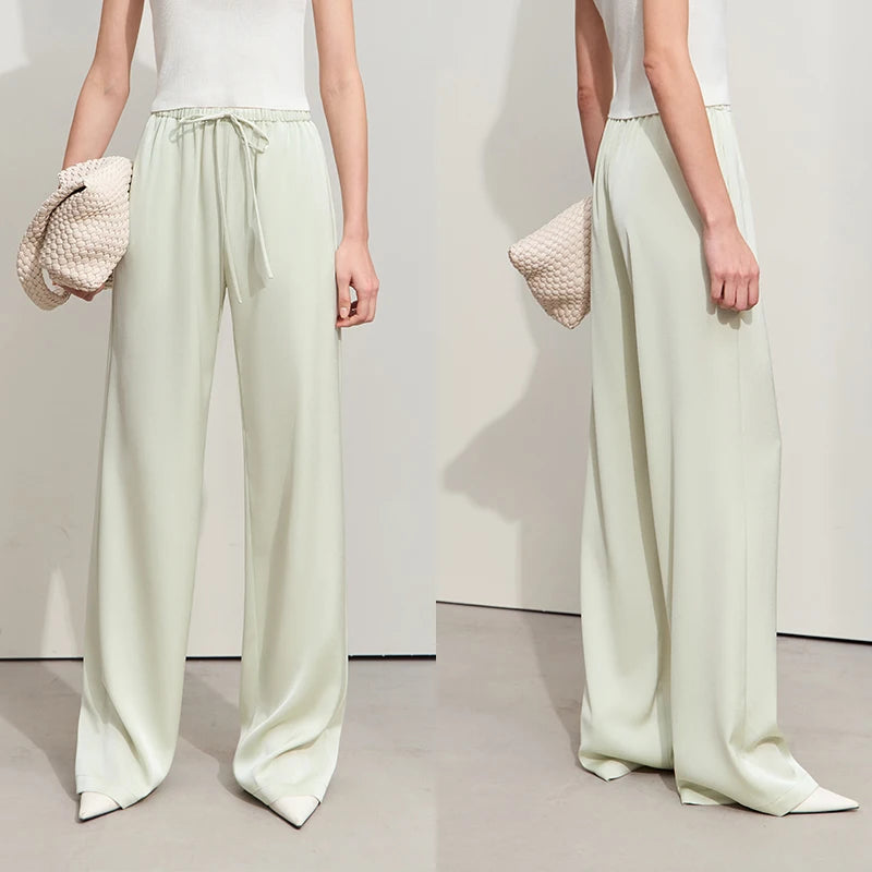 Amii Minimalism 2024 Summer Women's Pants New Solid Straight Wide-leg Oak Waist Drawstring Casual Lady Fashion Trousers 12422001