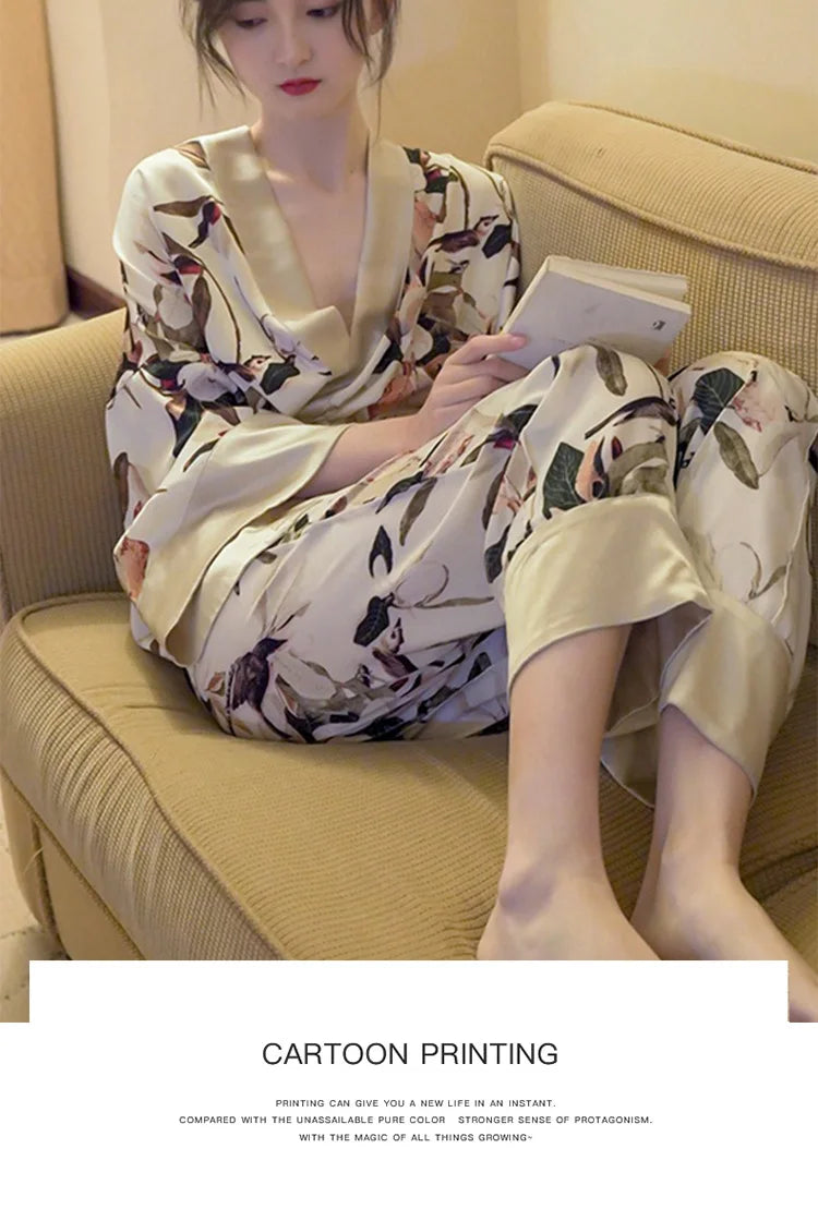 Japanese Summer New Luxury Home Long Trousers Pajamas Suit Floral Printing Ice Silk Pjs V Neck Kimono Style Homewear Loungewear