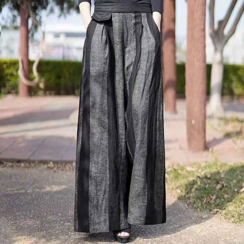 Spring Summer New Fashion Striped Loose Elastic Waist Wide Leg Pants Ladies Casual Irregular High Waist Straight Women Clothes