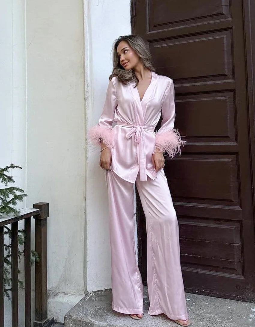 Luxury Spring Silk Satin Women's Pajamas Pink Loose Feather Long Sleeve Trousers Suit Sleepwear Home Clothes 2pcs Nightwear