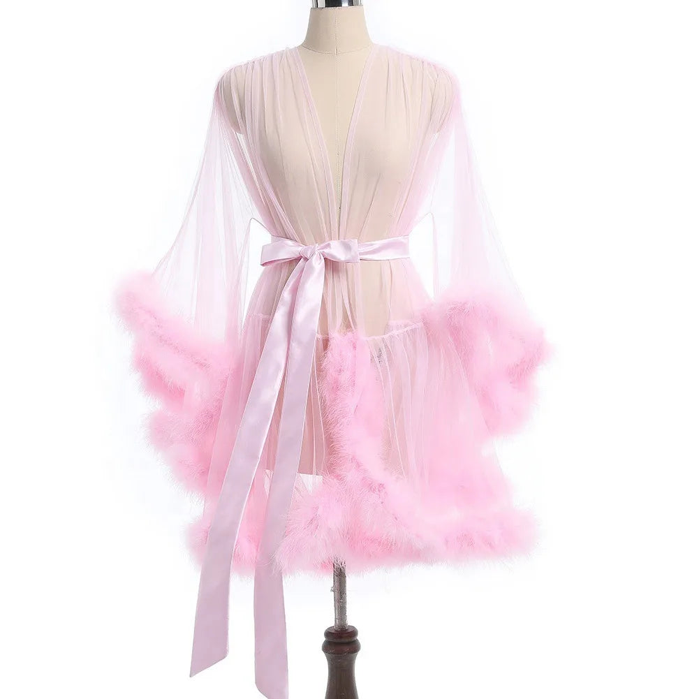 SINGREINY Female Sheer Shapewear Robes Fashoin Long Sleeve Plush Spliced Thin Lingerie Women Lace Up Erotic Midi Long Sexy Robes