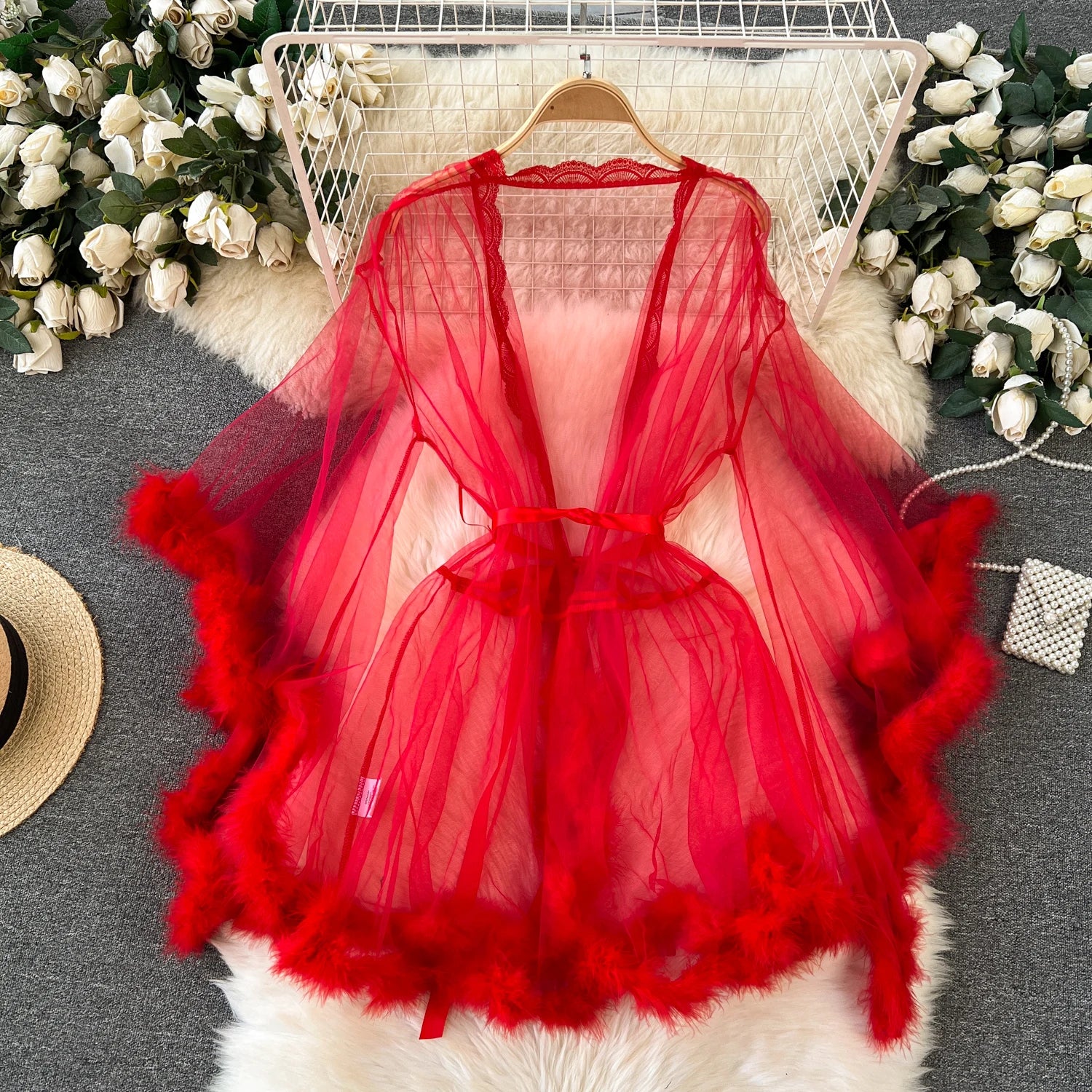 SINGREINY Female Sheer Shapewear Robes Fashoin Long Sleeve Plush Spliced Thin Lingerie Women Lace Up Erotic Midi Long Sexy Robes