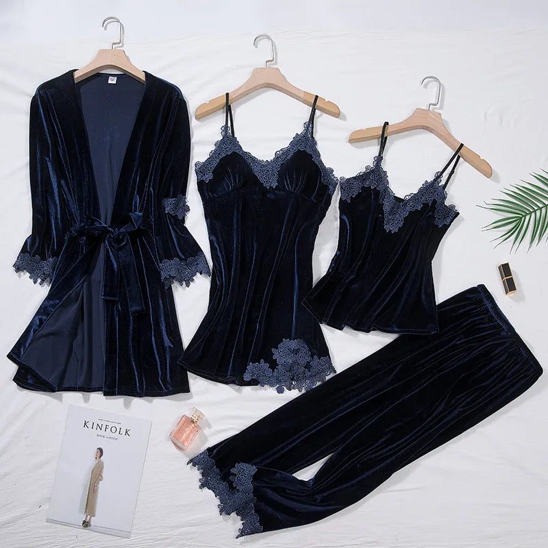 TOP Casual Velour Home Clothing 4pcs Sleep Set Intimate Lingerie Women Pajamas Suit Long Sleeve Lace Velvet Homewear Pyjamas