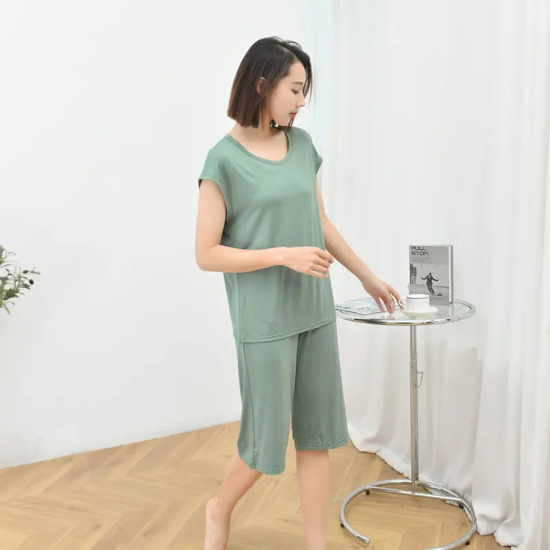 Fdfklak Summer Pijamas For Women Modal Sleeveless Thin O-Neck Pullover Pajamas Set Solid Color Loose 6XL New Home Suit
