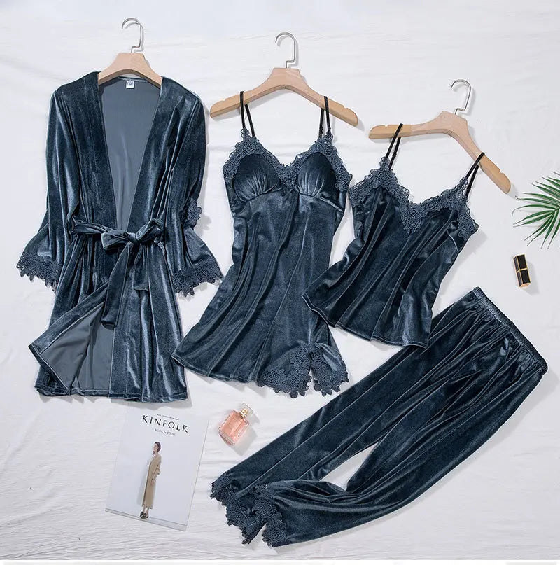 TOP Casual Velour Home Clothing 4pcs Sleep Set Intimate Lingerie Women Pajamas Suit Long Sleeve Lace Velvet Homewear Pyjamas