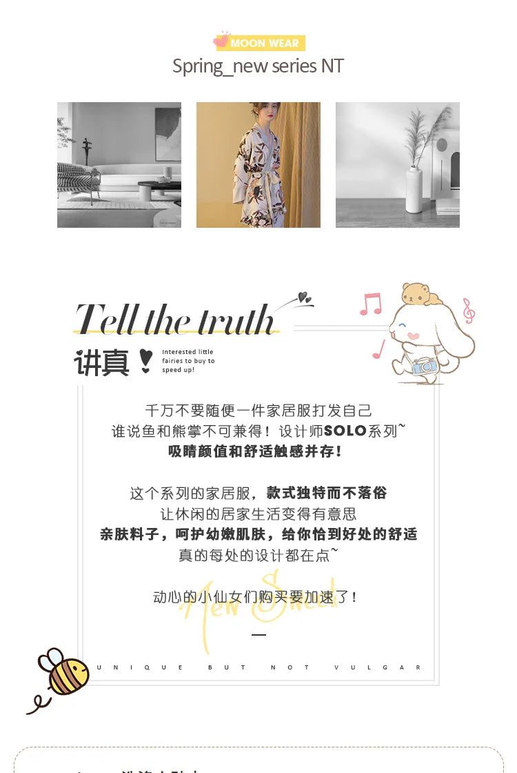 Japanese Summer New Luxury Home Long Trousers Pajamas Suit Floral Printing Ice Silk Pjs V Neck Kimono Style Homewear Loungewear