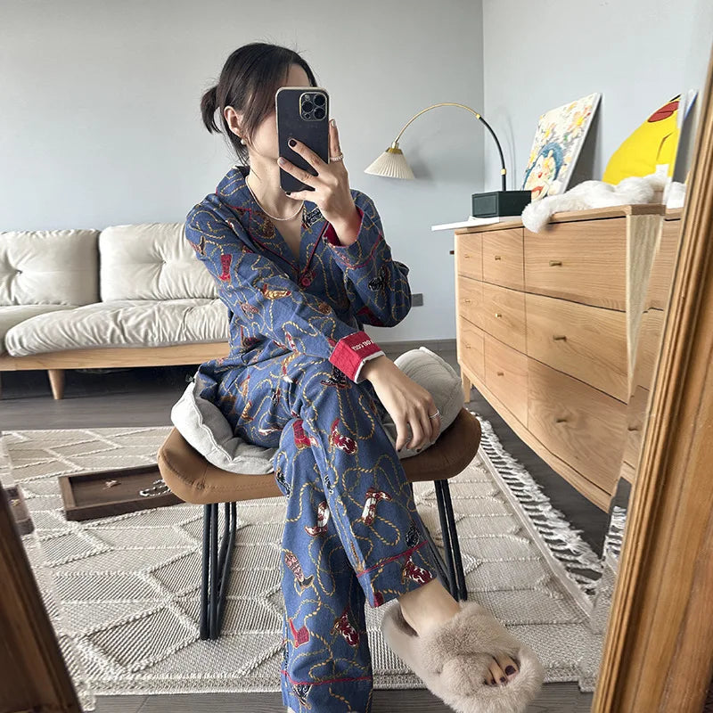 New Loungewear Women Spring Fall Slwwpwear 100% Cotton Floral Print Long Sleeve Pijamas Women 2 Pieces Home Suit Cat Cartoon