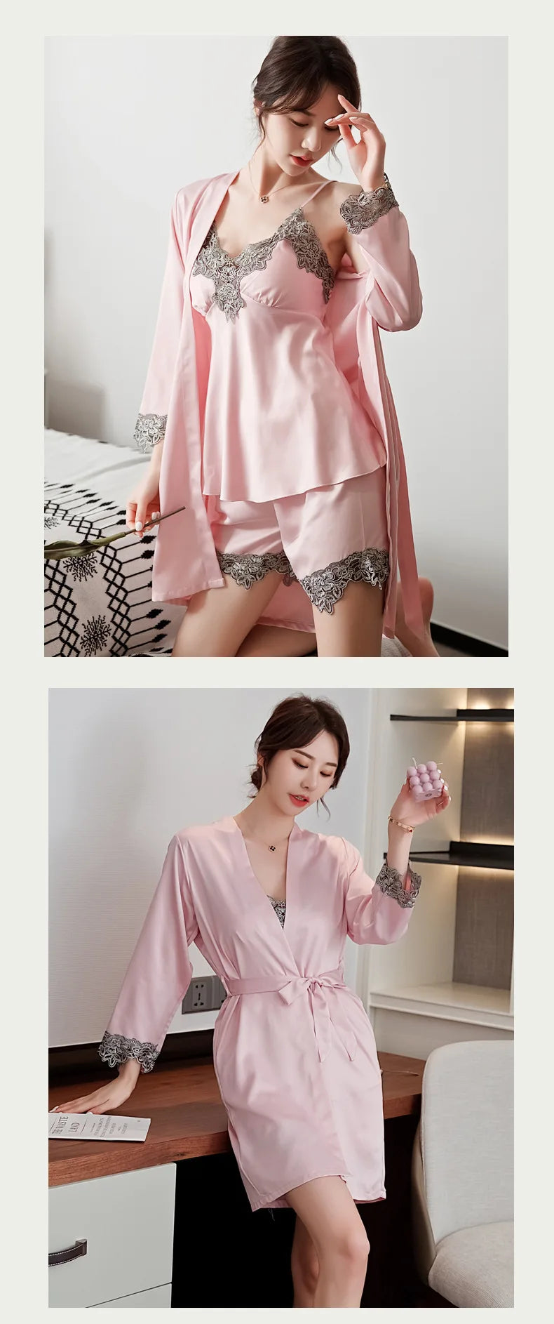 5PCS/SET Silk Robe Sleep Suit Womens Lace Satin Pajamas Gown Set V-Neck Nighties Wear Pijama Home Nightwear Spring Nightdress