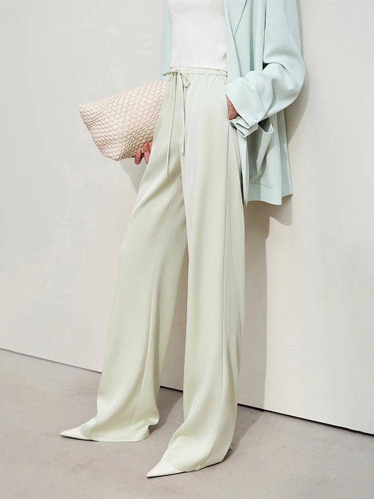 Amii Minimalism 2024 Summer Women's Pants New Solid Straight Wide-leg Oak Waist Drawstring Casual Lady Fashion Trousers 12422001