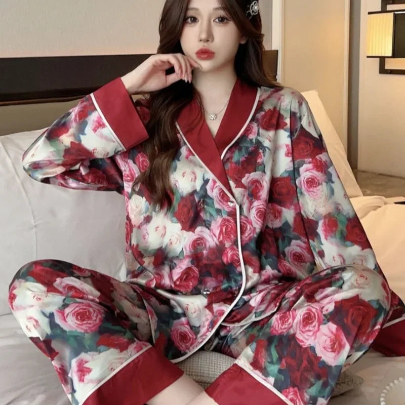 Large Size Rose New Pajamas Women Ice Silk Long Sleeve Spring Autumn Temperament Can Be Worn Outside The Home Suit Set Lounge