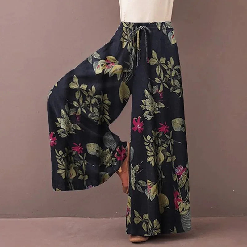 Women Floral Print Wide Leg Pants Spring Autumn Fashion Drawstring Bohemia Trousers Ladies Casual Loose Elastic Waist Pantalon