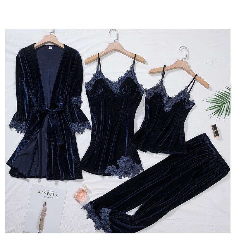 TOP Casual Velour Home Clothing 4pcs Sleep Set Intimate Lingerie Women Pajamas Suit Long Sleeve Lace Velvet Homewear Pyjamas