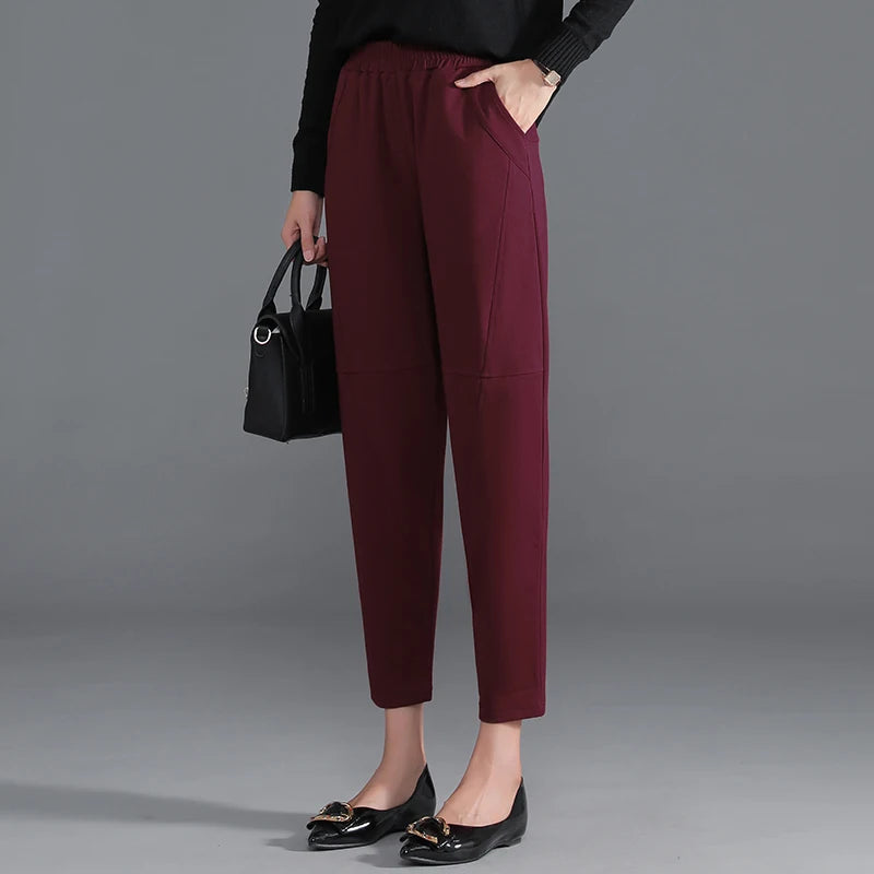 Red Korean Version Women's Casual PantsHigh Waist Pleated Wide Leg Haran Pants Ladies' Office Ladies' Spring And Autumn 2023 5XL