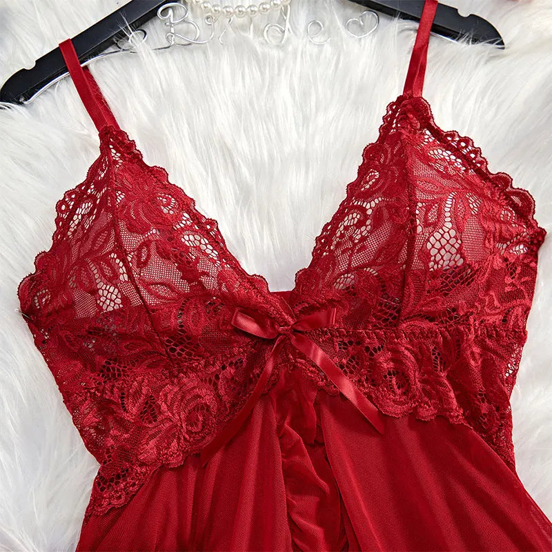 Tulle Suspenders Exquisite Women's Lencerias Lace V-Neck Underwear Semi-transparent Thong Dress Set Females Lingerie Nightgowns
