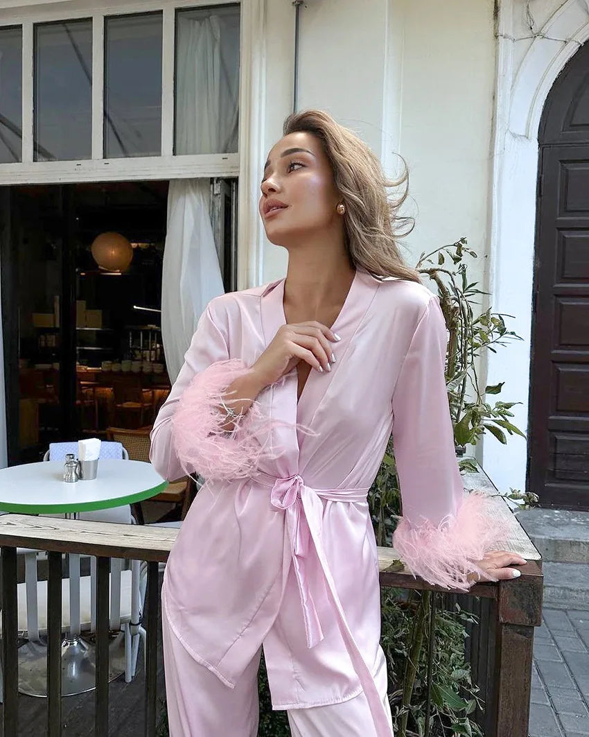 Luxury Spring Silk Satin Women's Pajamas Pink Loose Feather Long Sleeve Trousers Suit Sleepwear Home Clothes 2pcs Nightwear