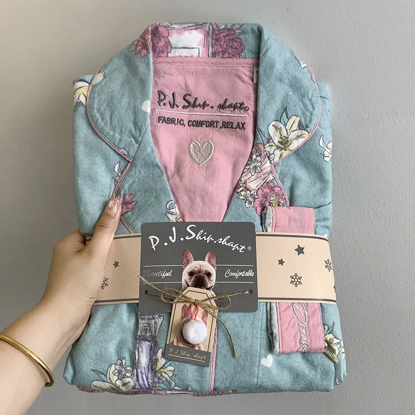 New Loungewear Women Spring Fall Slwwpwear 100% Cotton Floral Print Long Sleeve Pijamas Women 2 Pieces Home Suit Cat Cartoon