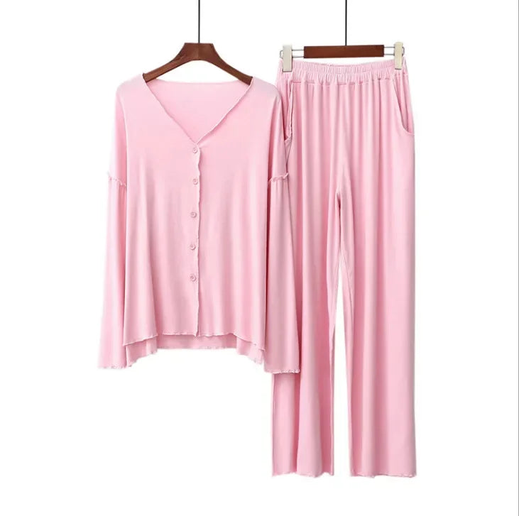 Japanese new style cotton pajamas suit ladies spring and autumn cardigan solid color long-sleeved trousers home service suit