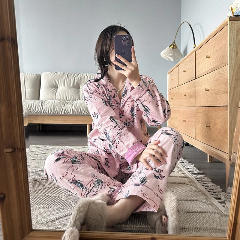 New Loungewear Women Spring Fall Slwwpwear 100% Cotton Floral Print Long Sleeve Pijamas Women 2 Pieces Home Suit Cat Cartoon