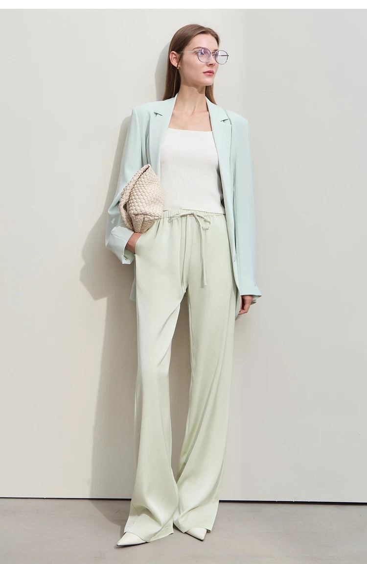 Amii Minimalism 2024 Summer Women's Pants New Solid Straight Wide-leg Oak Waist Drawstring Casual Lady Fashion Trousers 12422001
