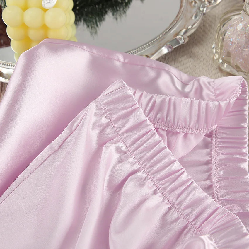 Luxury Spring Silk Satin Women's Pajamas Pink Loose Feather Long Sleeve Trousers Suit Sleepwear Home Clothes 2pcs Nightwear