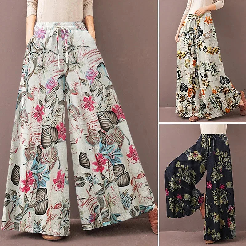 Women Floral Print Wide Leg Pants Spring Autumn Fashion Drawstring Bohemia Trousers Ladies Casual Loose Elastic Waist Pantalon