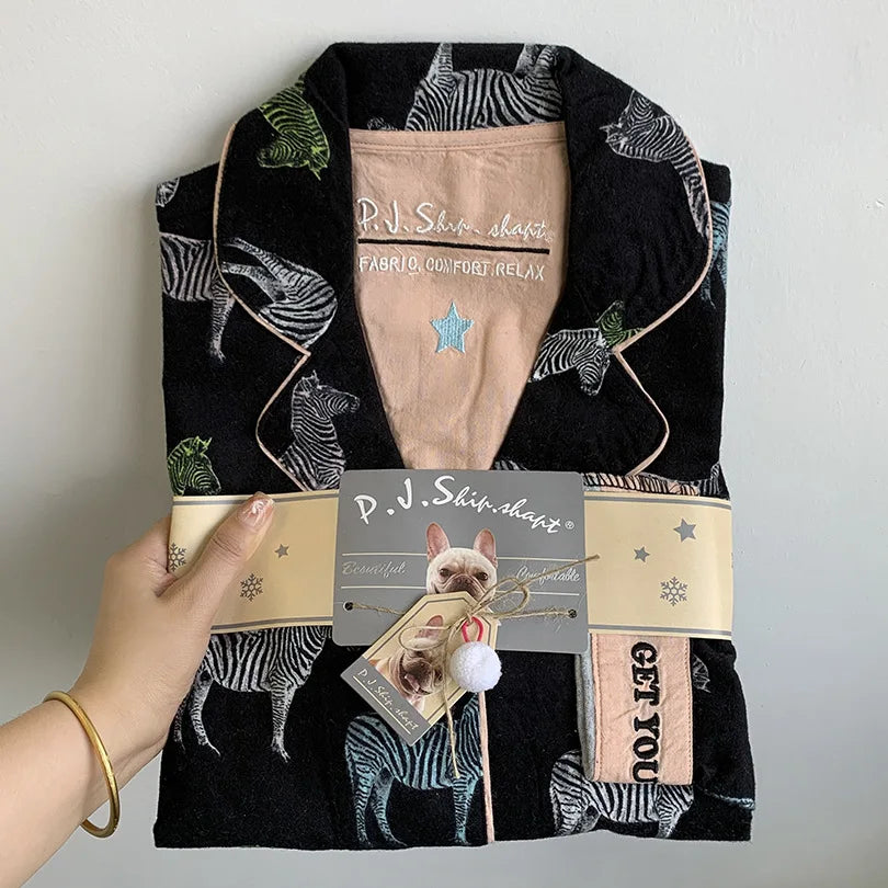 New Loungewear Women Spring Fall Slwwpwear 100% Cotton Floral Print Long Sleeve Pijamas Women 2 Pieces Home Suit Cat Cartoon