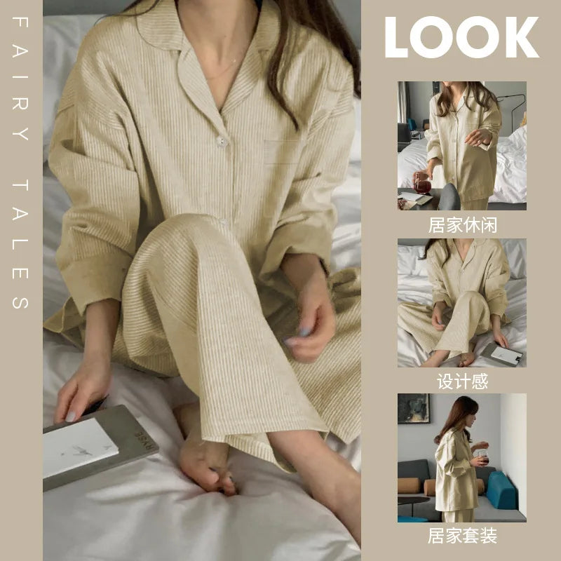 Striped Long-sleeved Pajamas Girls Fashion Style Autumn Simple New Home Clothes High-grade Trousers Suit Leisure Sleepwear Pjs