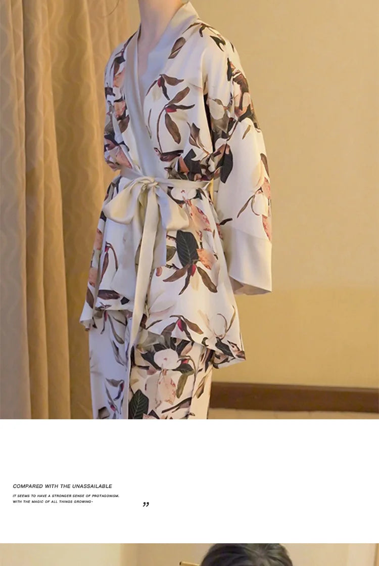 Japanese Summer New Luxury Home Long Trousers Pajamas Suit Floral Printing Ice Silk Pjs V Neck Kimono Style Homewear Loungewear