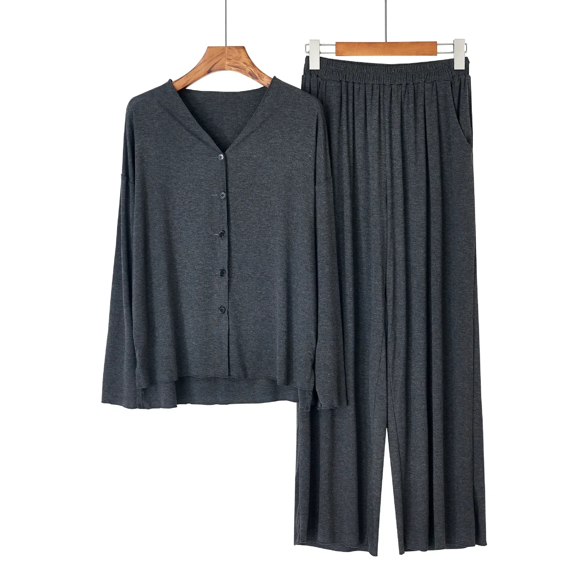 Japanese new style cotton pajamas suit ladies spring and autumn cardigan solid color long-sleeved trousers home service suit