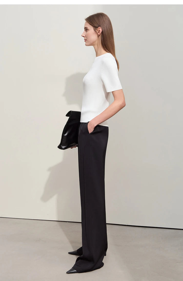 Amii Minimalism 2024 Summer Women's Pants New Solid Straight Wide-leg Oak Waist Drawstring Casual Lady Fashion Trousers 12422001