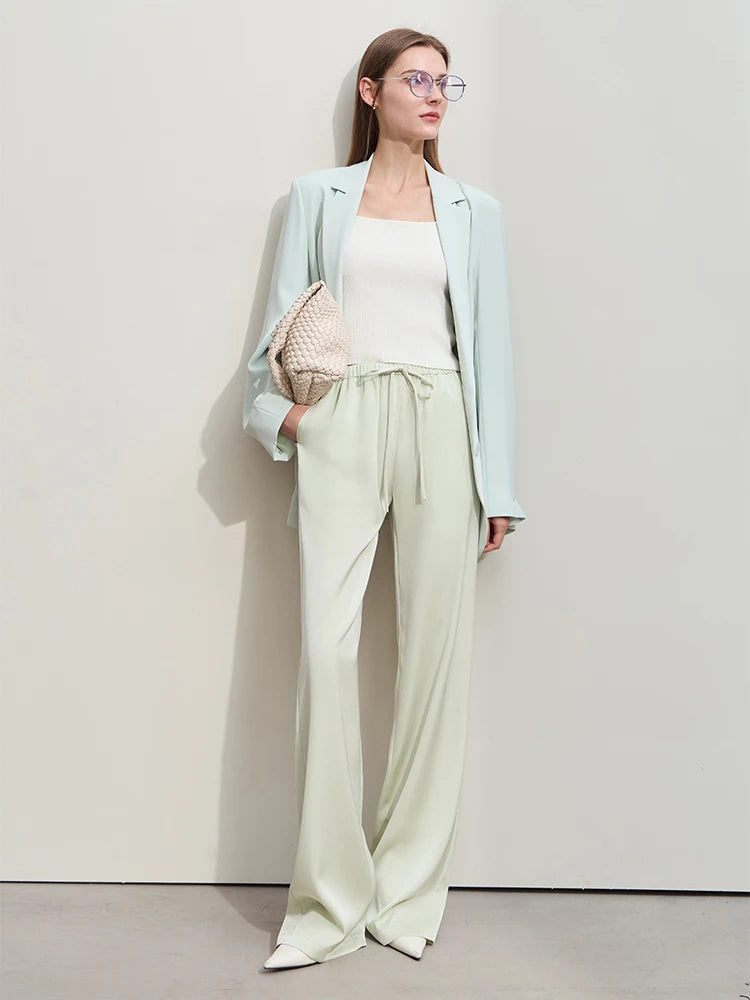 Amii Minimalism 2024 Summer Women's Pants New Solid Straight Wide-leg Oak Waist Drawstring Casual Lady Fashion Trousers 12422001