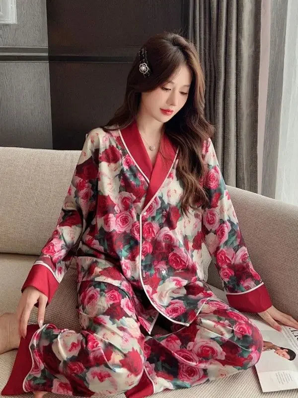 Large Size Rose New Pajamas Women Ice Silk Long Sleeve Spring Autumn Temperament Can Be Worn Outside The Home Suit Set Lounge