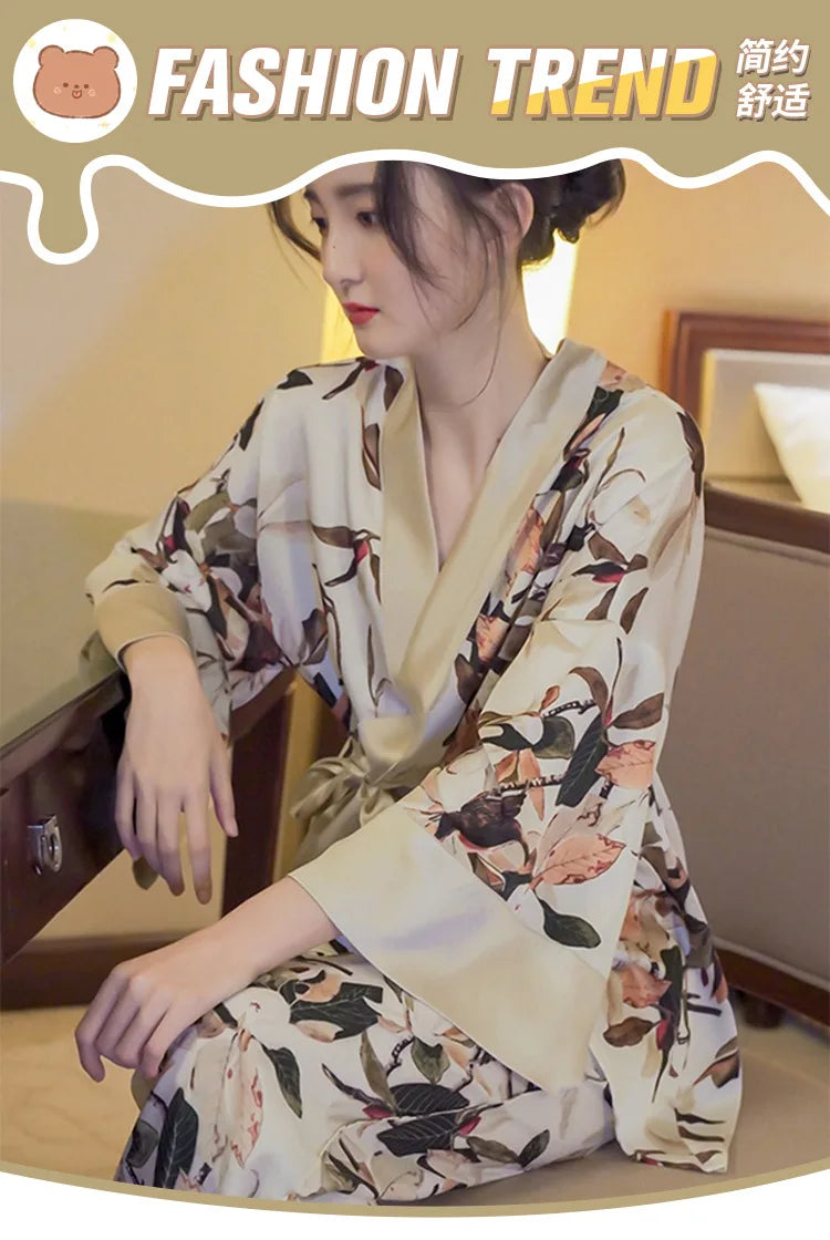 Japanese Summer New Luxury Home Long Trousers Pajamas Suit Floral Printing Ice Silk Pjs V Neck Kimono Style Homewear Loungewear
