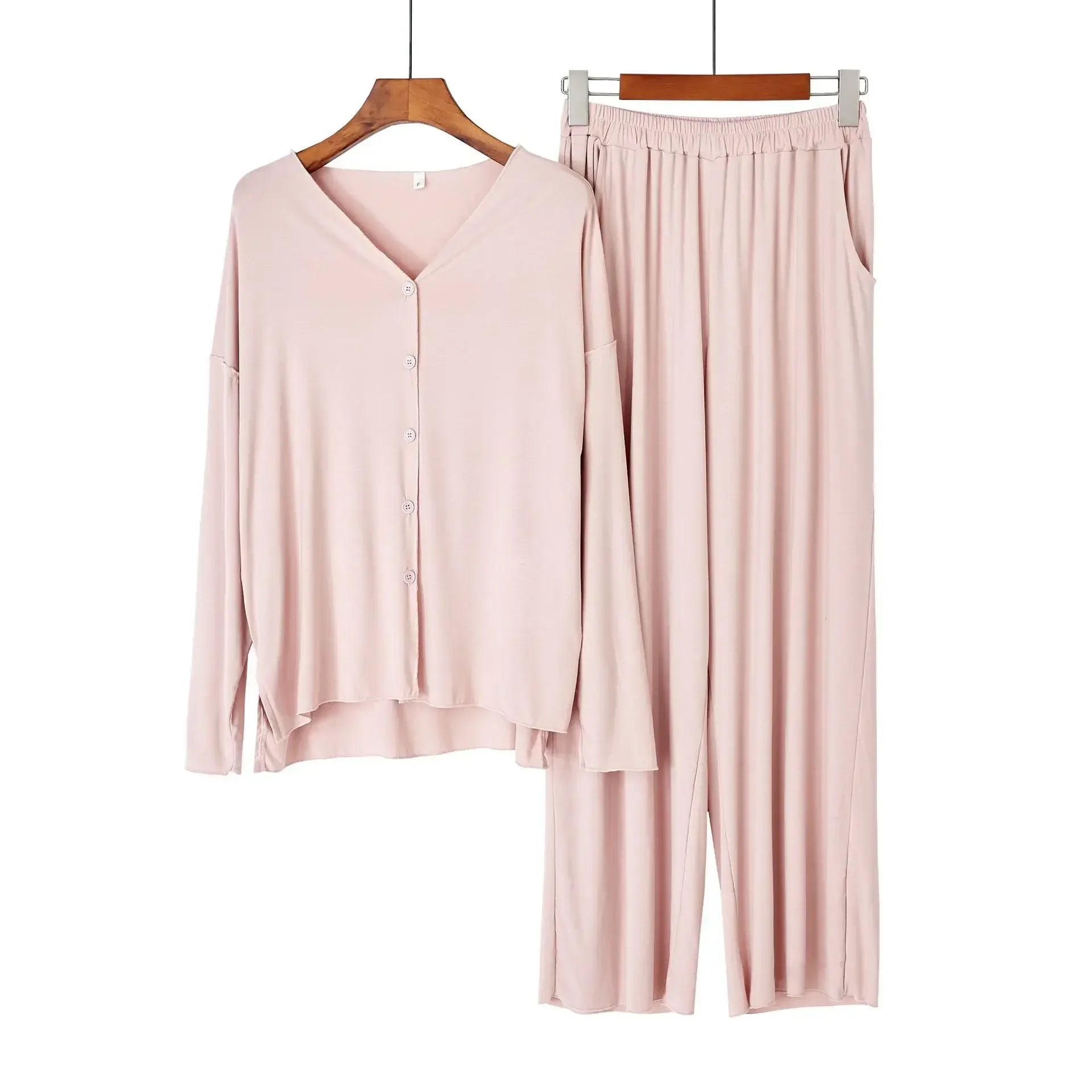 Japanese new style cotton pajamas suit ladies spring and autumn cardigan solid color long-sleeved trousers home service suit