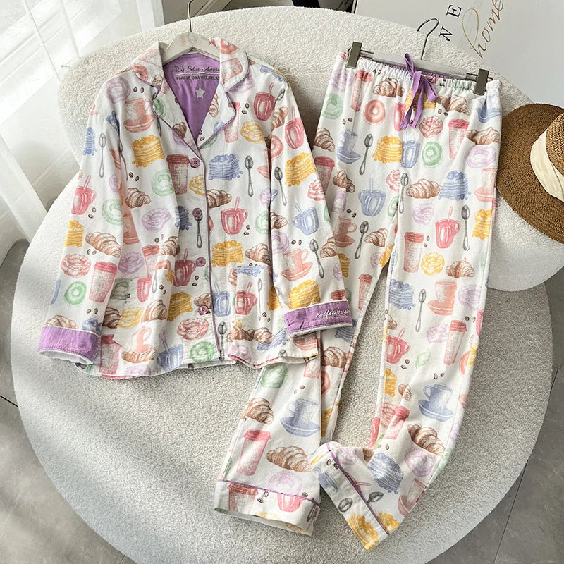 New Loungewear Women Spring Fall Slwwpwear 100% Cotton Floral Print Long Sleeve Pijamas Women 2 Pieces Home Suit Cat Cartoon