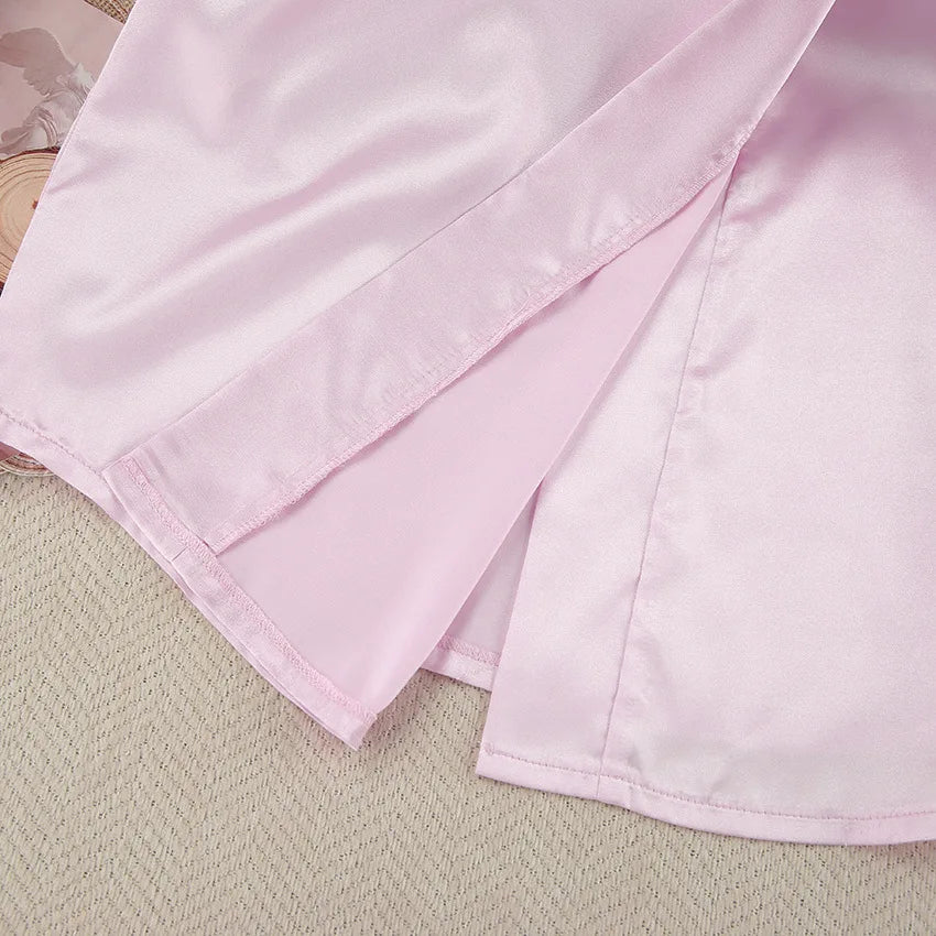 Luxury Spring Silk Satin Women's Pajamas Pink Loose Feather Long Sleeve Trousers Suit Sleepwear Home Clothes 2pcs Nightwear