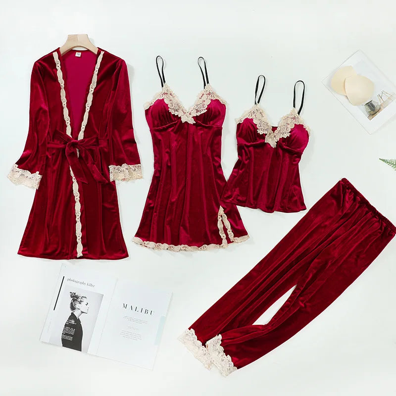 TOP Casual Velour Home Clothing 4pcs Sleep Set Intimate Lingerie Women Pajamas Suit Long Sleeve Lace Velvet Homewear Pyjamas