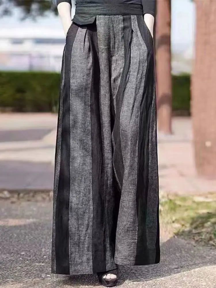 Spring Summer New Fashion Striped Loose Elastic Waist Wide Leg Pants Ladies Casual Irregular High Waist Straight Women Clothes