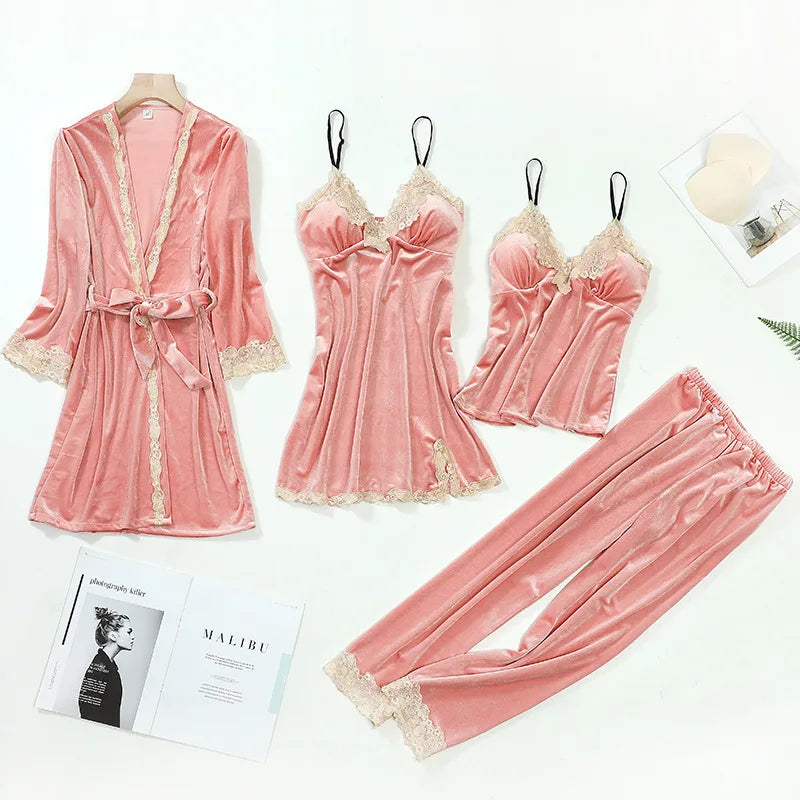 TOP Casual Velour Home Clothing 4pcs Sleep Set Intimate Lingerie Women Pajamas Suit Long Sleeve Lace Velvet Homewear Pyjamas