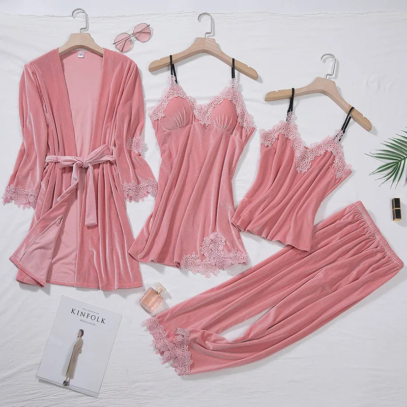 TOP Casual Velour Home Clothing 4pcs Sleep Set Intimate Lingerie Women Pajamas Suit Long Sleeve Lace Velvet Homewear Pyjamas