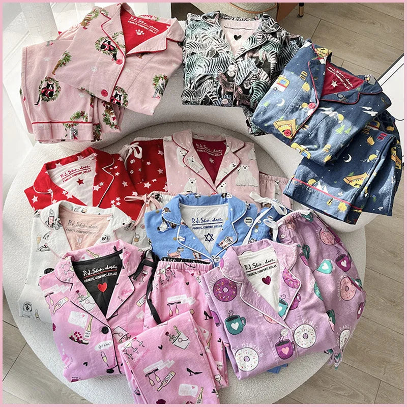 New Loungewear Women Spring Fall Slwwpwear 100% Cotton Floral Print Long Sleeve Pijamas Women 2 Pieces Home Suit Cat Cartoon