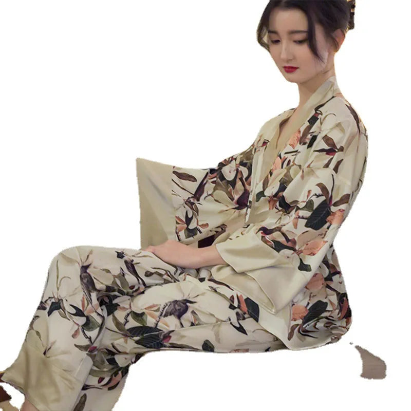 Japanese Summer New Luxury Home Long Trousers Pajamas Suit Floral Printing Ice Silk Pjs V Neck Kimono Style Homewear Loungewear