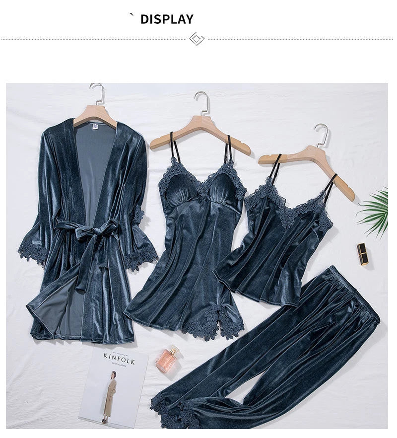 TOP Casual Velour Home Clothing 4pcs Sleep Set Intimate Lingerie Women Pajamas Suit Long Sleeve Lace Velvet Homewear Pyjamas