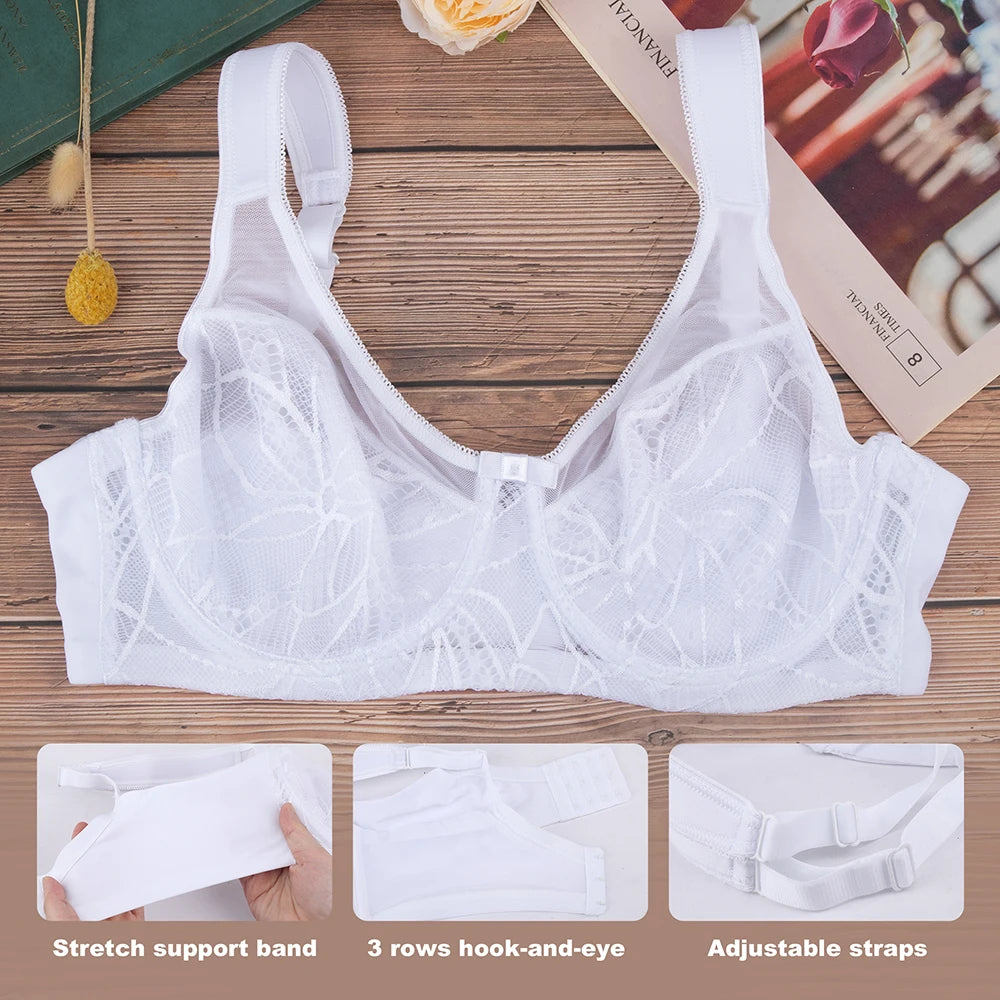 Sheroine Plus Size Underwire Bra, Lace Floral Minimizer Full Coverage Unpadded Bras for Women Lifting Support Comfort