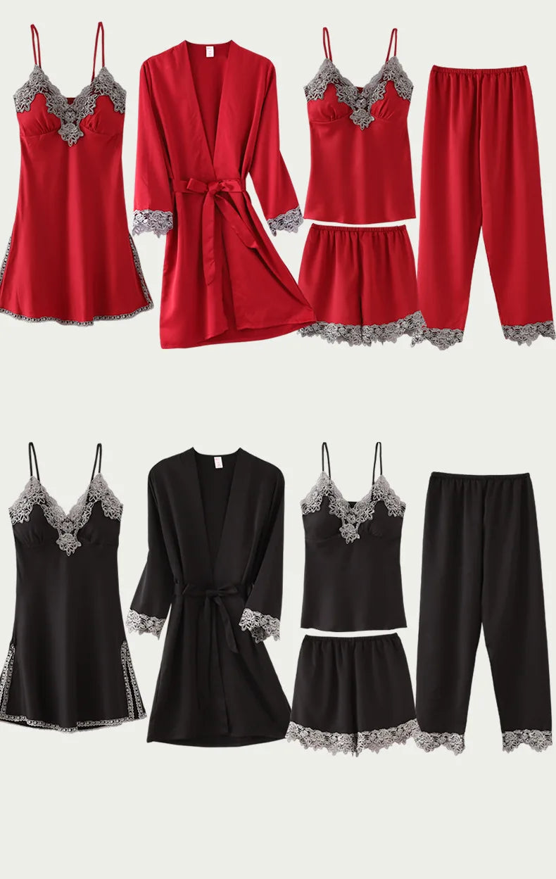 5PCS/SET Silk Robe Sleep Suit Womens Lace Satin Pajamas Gown Set V-Neck Nighties Wear Pijama Home Nightwear Spring Nightdress